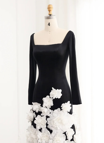 Elegant Long Sleeve 3D Floral Satin Long Prom Dress Evening Dress HZ1023